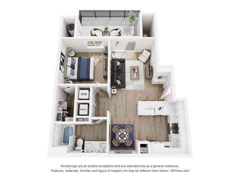 A 3D floor plan of a small apartment with a kitchen, living room, and bathroom.